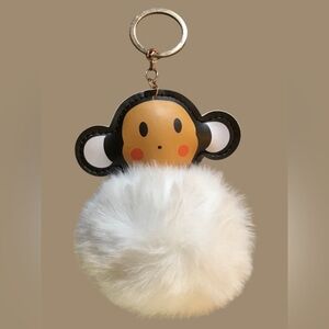 Kids Monkey Pom Pom Keychain - White Fur